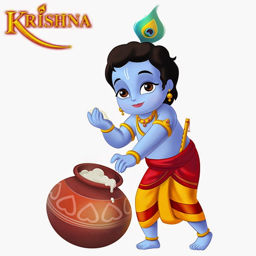 Cute Cartoon Krishna Stealing Butter from a Clay Pot with Peacock Feather Crown HD phone wallpaper