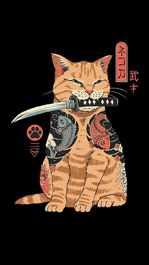 Japanese Tattoo Cat with Samurai Sword and Koi Fish Illustration HD phone wallpaper
