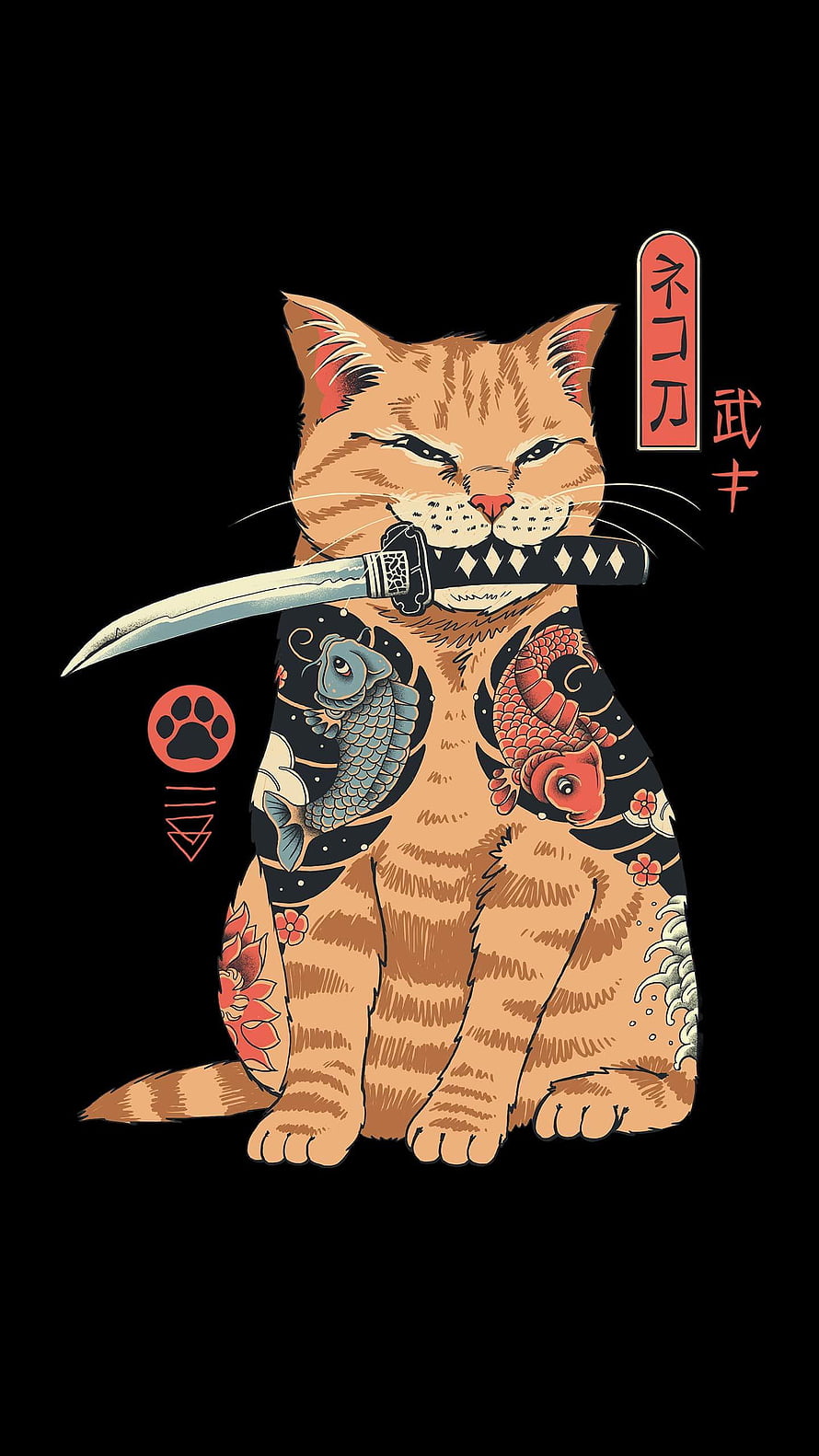 Japanese Tattoo Cat with Samurai Sword and Koi Fish Illustration HD phone wallpaper