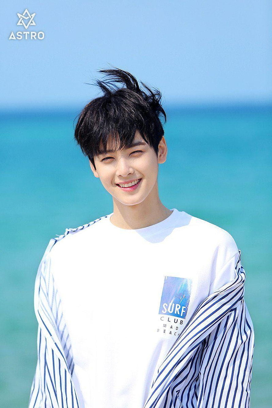 Cha Eun Woo of ASTRO Smiling in White Surf Club Tee by the Turquoise Sea HD phone wallpaper