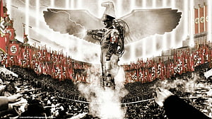 Mechanical Eagle-Winged Figure in a Sea of Red Flags and Crowds HD wallpaper