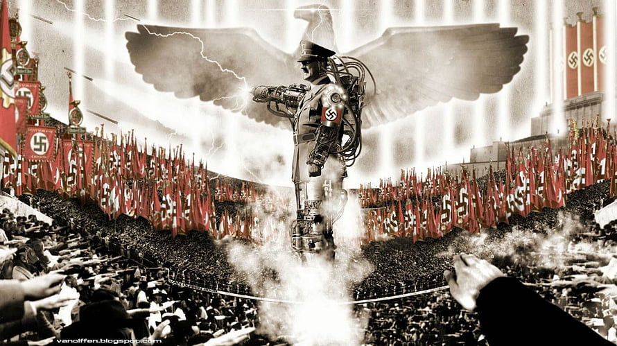 Mechanical Eagle-Winged Figure in a Sea of Red Flags and Crowds HD wallpaper