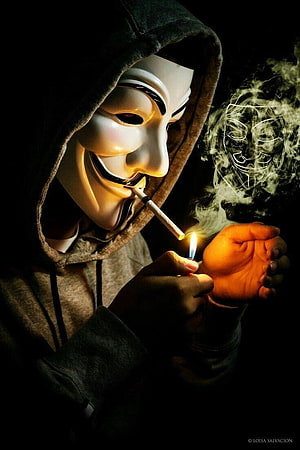 Anonymous Guy Fawkes Mask Wearing Hoodie Lighting Cigarette in Dark Smoke HD phone wallpaper