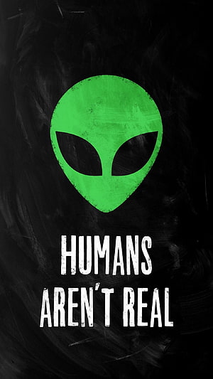 Green Alien Head Silhouette on Dark Textured Background with Bold White Typography HD phone wallpaper