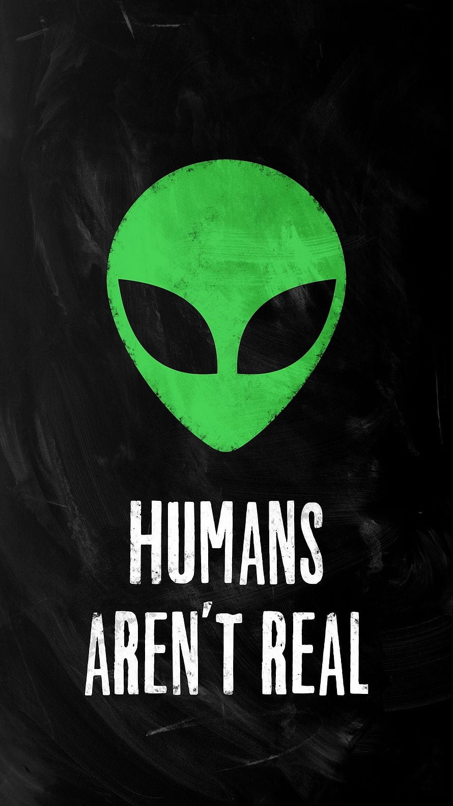 Green Alien Head Silhouette on Dark Textured Background with Bold White Typography HD phone wallpaper
