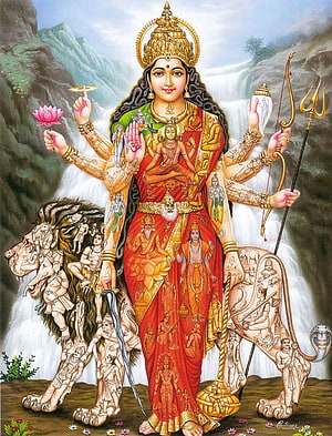 Maha Shakti Divine Goddess Artwork with Lion and Waterfall Background HD phone wallpaper