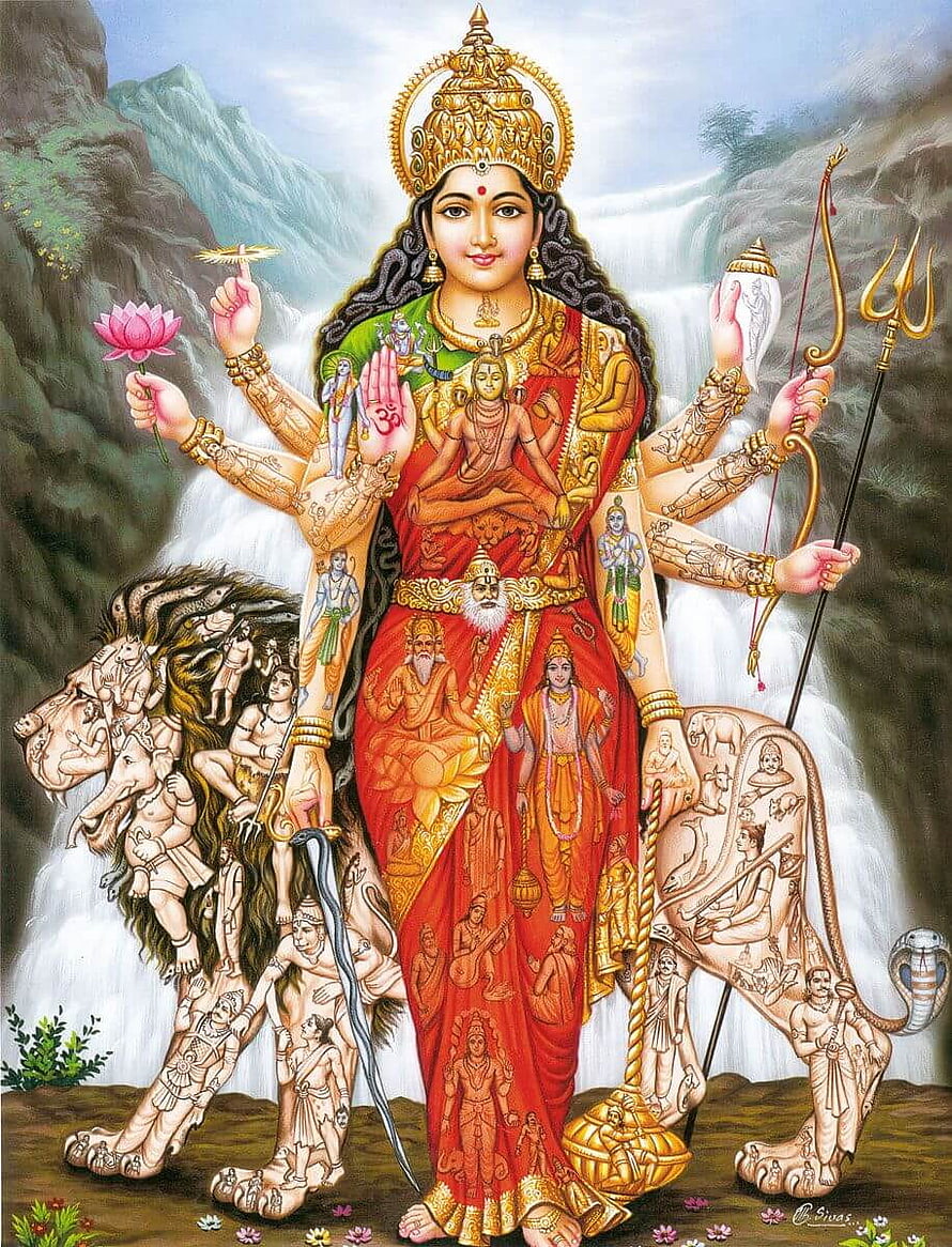 Maha Shakti Divine Goddess Artwork with Lion and Waterfall Background HD phone wallpaper