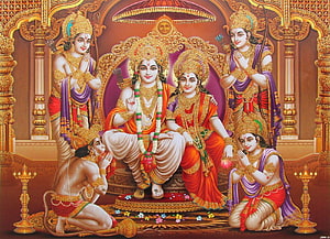 Lord Rama and Sita Seated on Royal Throne with Hanuman and Attendants in Traditional Indian Art, Avercart Lord Rama with Sita, ram darbar HD wallpaper