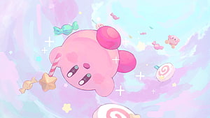 Cute Pink Kirby Floating in a Pastel Candy Sky with Lollipops and Stars HD wallpaper