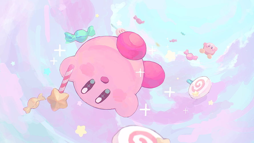 Cute Pink Kirby Floating in a Pastel Candy Sky with Lollipops and Stars HD wallpaper