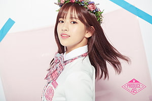 Ahn Yujin in Produce 48 School Uniform with Floral Crown and Plaid Ribbon HD wallpaper
