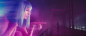Blade Runner 2049 holographic woman pointing toward distant figure in neon-lit industrial corridor HD wallpaper