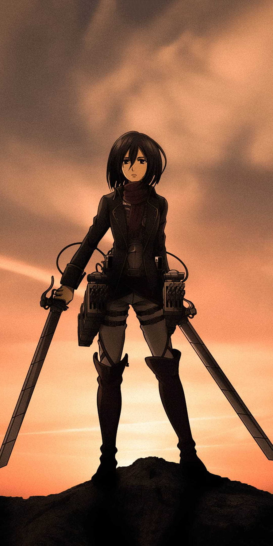 Mikasa Ackerman in Survey Corps Gear Standing on a Hilltop at Sunset HD phone wallpaper