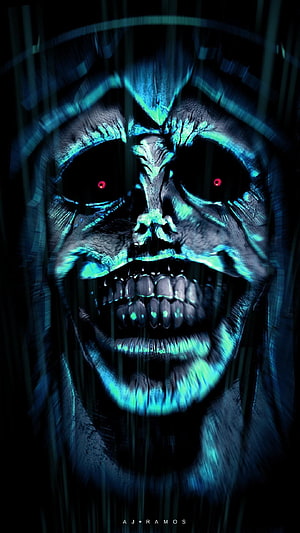 Solo Leveling Dark Horror Skull with Glowing Red Eyes and Cyan Digital Distortion HD phone wallpaper