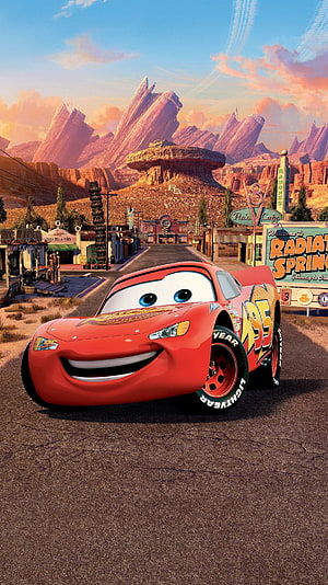 Lightning McQueen Smiling on Main Street in Radiator Springs Desert Town HD phone wallpaper