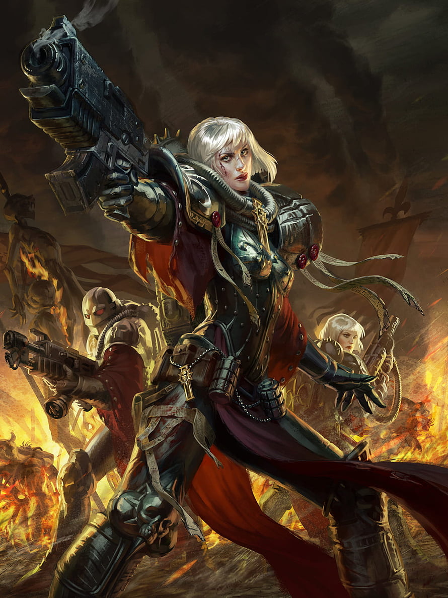 Warhammer 40k Sisters of Battle in Combat with Heavy Weapons and Armor HD phone wallpaper