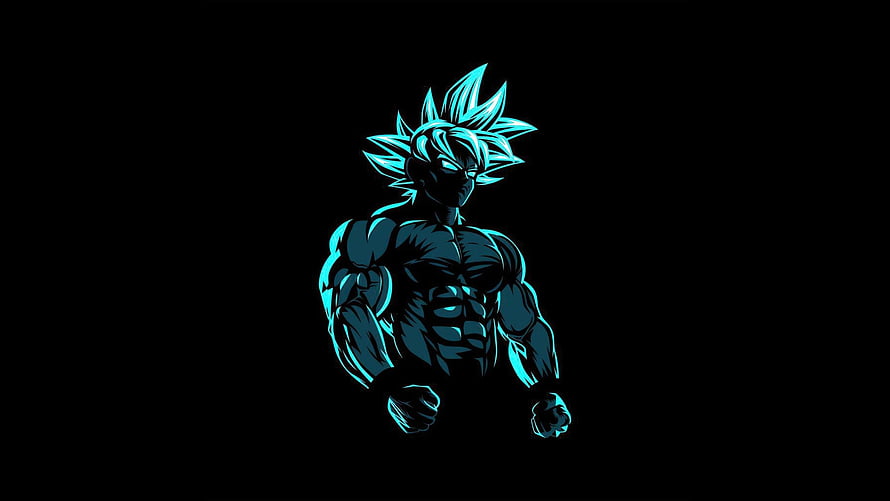 Goku Super Saiyan Blue Neon Glow Anime Character Illustration on Black Background HD wallpaper