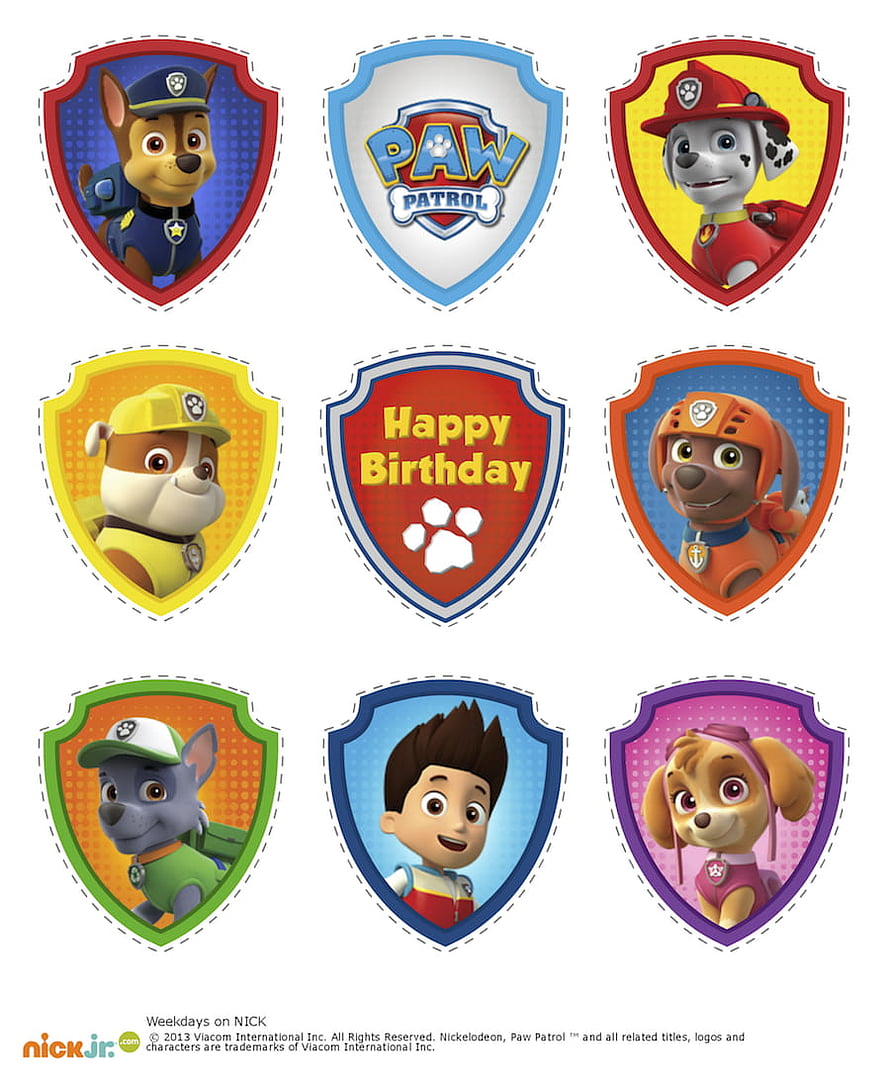 Paw Patrol Character Badge Collection with Happy Birthday Shield Design HD phone wallpaper