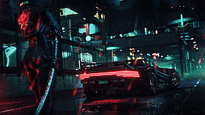 Cyberpunk 2077 Samurai Warrior and Sports Car in Neon Rain HD wallpaper