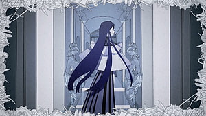 Anime Girl in White Dress Standing in Grand Hall with Mechanical Border HD wallpaper