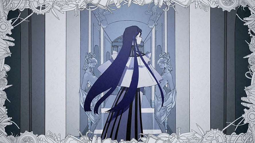 Anime Girl in White Dress Standing in Grand Hall with Mechanical Border HD wallpaper