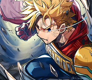 Lemillion Anime Character in Dynamic Action Pose with Spiky Blonde Hair and Red Cape HD wallpaper