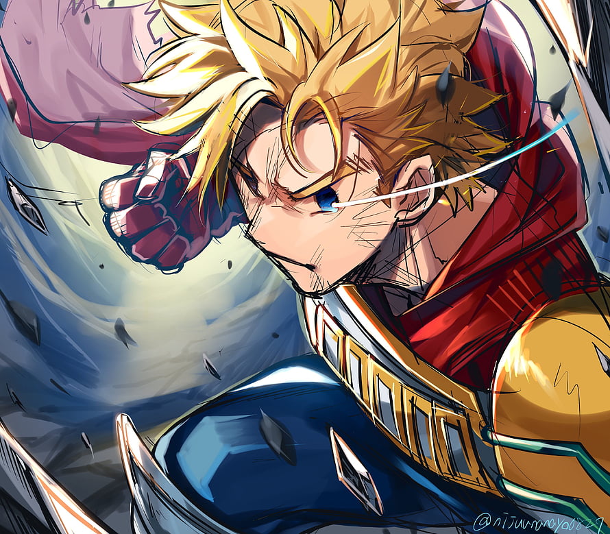 Lemillion Anime Character in Dynamic Action Pose with Spiky Blonde Hair and Red Cape HD wallpaper