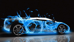 Silver Sports Car Enveloped in Blue Flames on Dark Background HD wallpaper