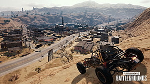 PUBG Battlegrounds Miramar Desert Town with Off-Road Buggy on Hillside HD wallpaper