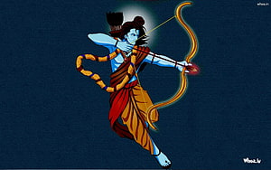 Lord Rama Drawing His Bow And Arrow In Dynamic Pose Against Dark Blue Background HD wallpaper