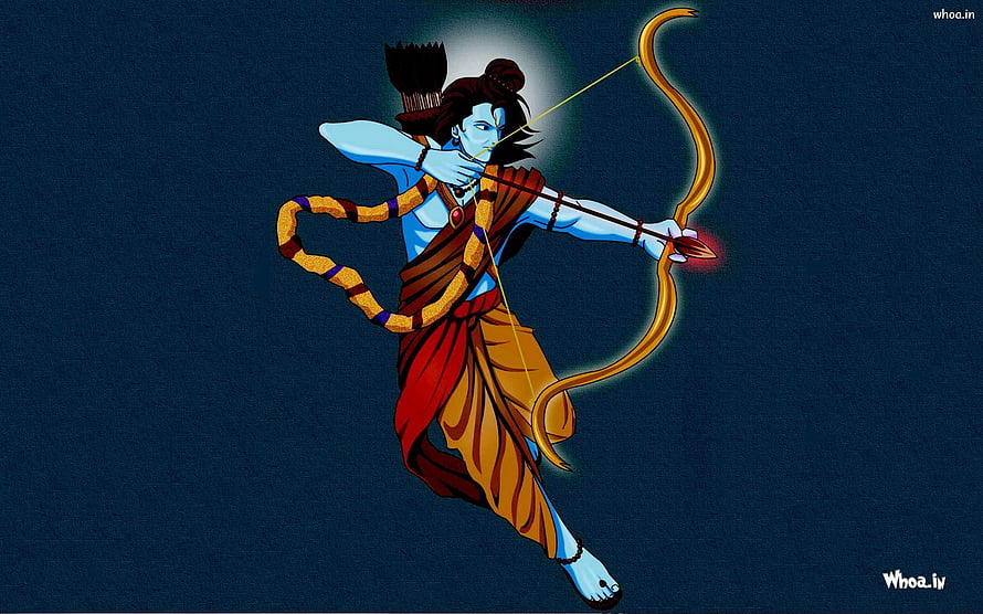 Lord Rama Drawing His Bow And Arrow In Dynamic Pose Against Dark Blue Background HD wallpaper