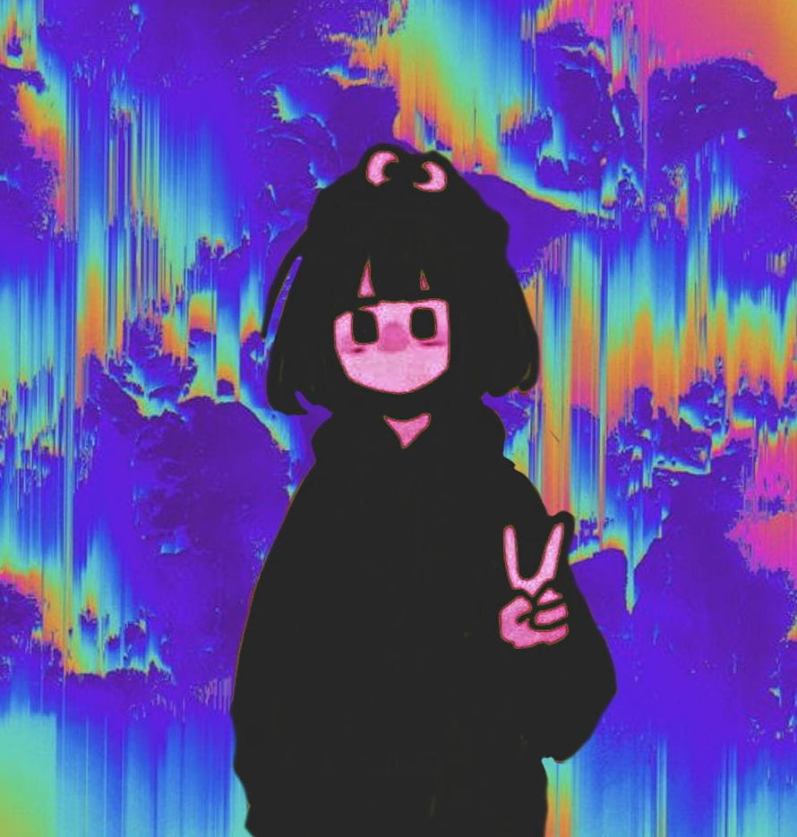 Psychedelic Grunge Anime Girl Silhouette with Peace Sign and Neon Glitch Background HD phone wallpaper