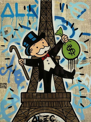 Alec Monopoly Banksy Style Street Art of a Monopoly Man with Money Bag on Eiffel Tower HD phone wallpaper