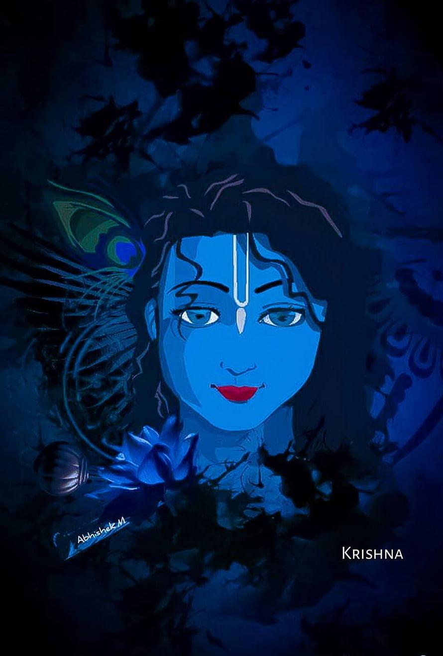 Krishna Digital Art Portrait with Peacock Feather and Lotus in Deep Blue Tones HD phone wallpaper