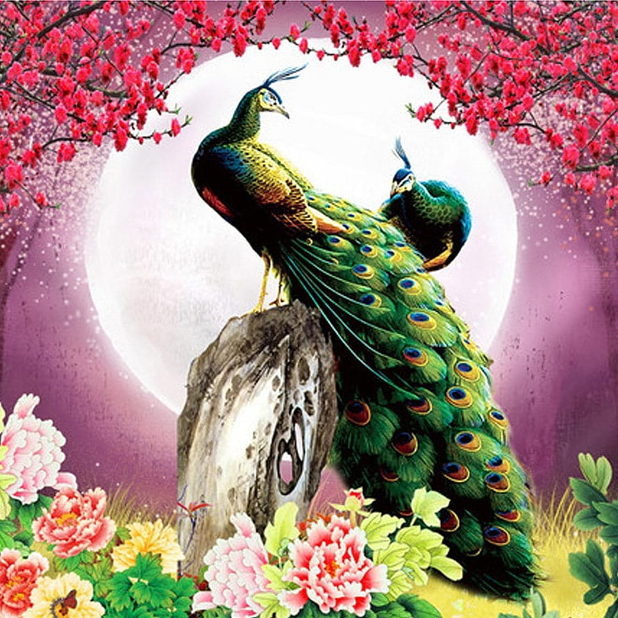 Vibrant Peacock Perched on Rock with Cherry Blossoms and Peonies HD phone wallpaper