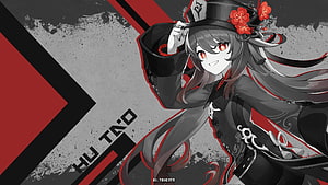 Hu Tao Genshin Impact Anime Character Artwork in Black and Red HD wallpaper