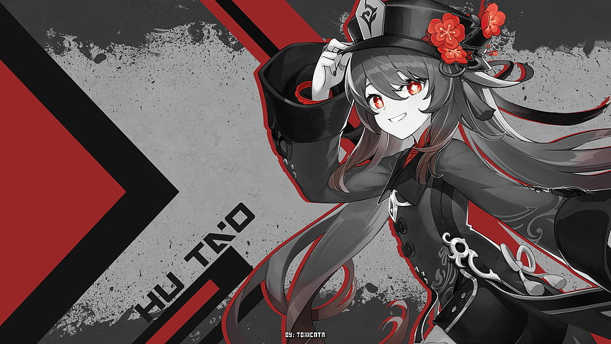 Hu Tao Genshin Impact Anime Character Artwork in Black and Red HD wallpaper