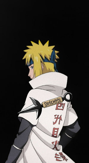 Minato Namikaze in White Hokage Robe with Kunai on Black Background HD phone wallpaper