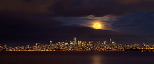 Full Moon Rising Over a Glowing City Skyline at Night HD wallpaper