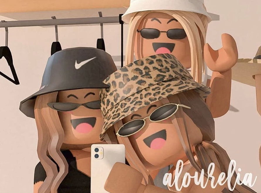 Three Roblox avatars taking a selfie in a clothing store with hats and sunglasses HD wallpaper