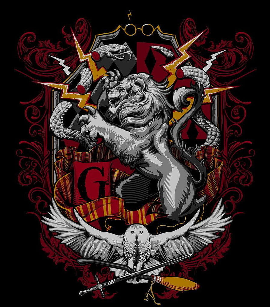 Gryffindor House Crest Emblem Featuring Lion, Snake, and Owl with Lightning Bolts HD phone wallpaper