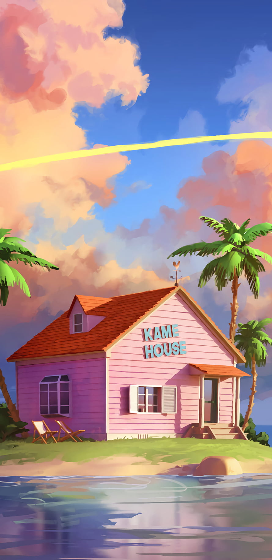 Kame House from Dragon Ball Z in a Tropical Sunset Setting with Palm Trees and Calm Water HD phone wallpaper