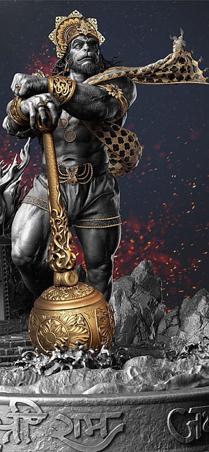 Hanuman Warrior Statue with Golden Mace and Crown on Rocky Pedestal HD phone wallpaper