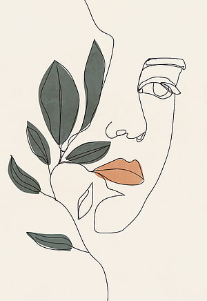 Minimalist One Line Woman Portrait with Botanical Leaves and Terracotta Lips, Modern woman line drawing printable wall art art, aesthetic drawings flowers HD phone wallpaper