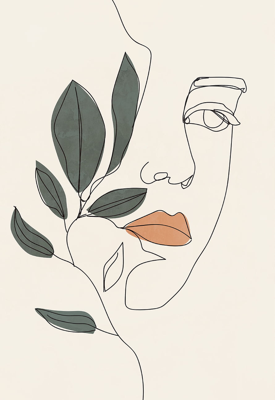 Minimalist One Line Woman Portrait with Botanical Leaves and Terracotta Lips, Modern woman line drawing printable wall art art, aesthetic drawings flowers HD phone wallpaper