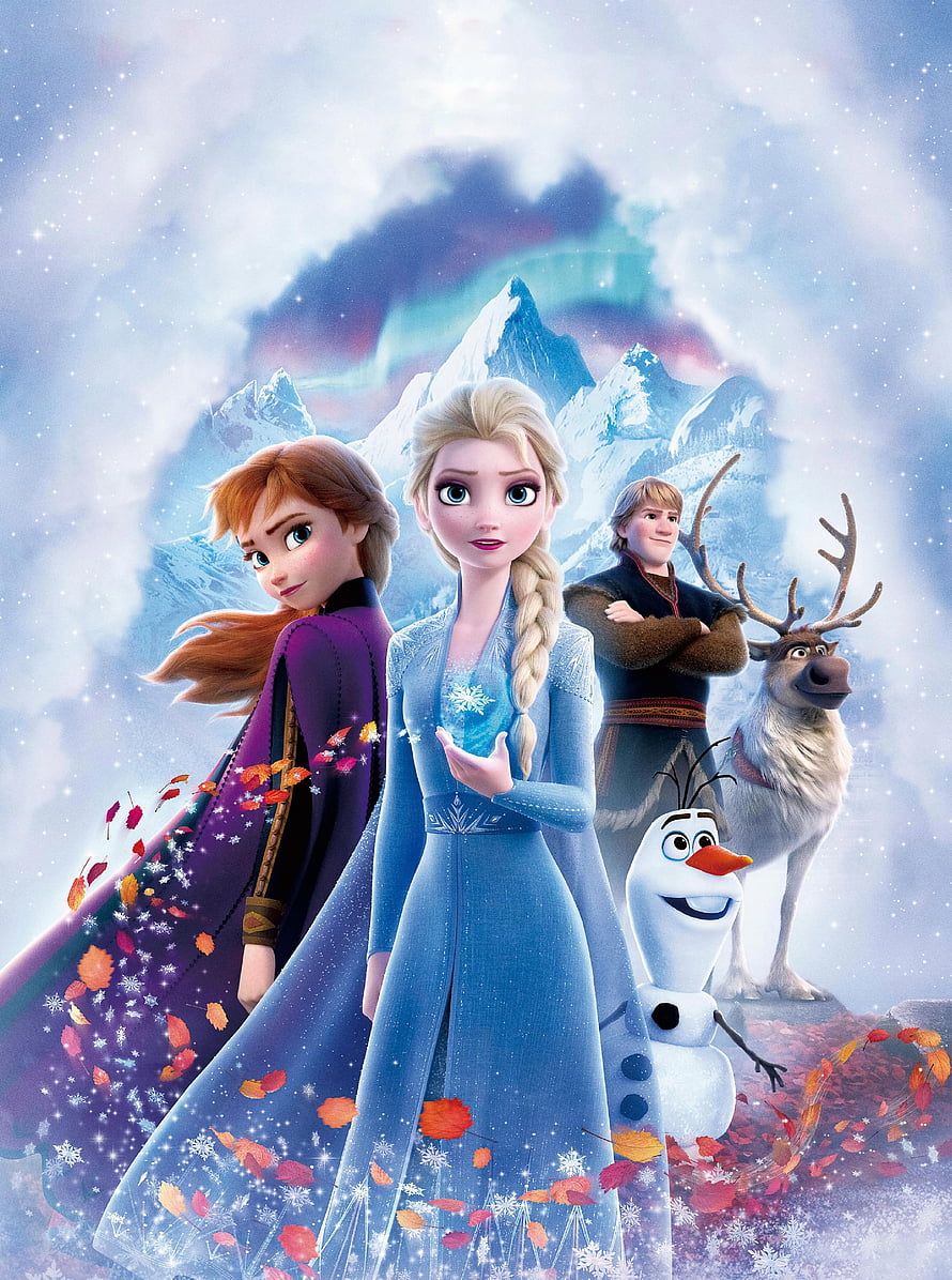 Frozen 2 Movie Poster Featuring Elsa, Anna, Olaf, Kristoff, and Sven in a Snowy Mountain Landscape HD phone wallpaper