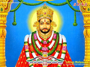 Khatu Shyam Devta Portrait with Golden Crown and Floral Garland HD wallpaper