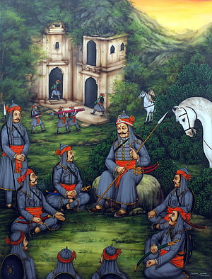 Mewar Pahari Painting of Maharana Pratap Holding an Open Court with Warriors and Horses HD phone wallpaper