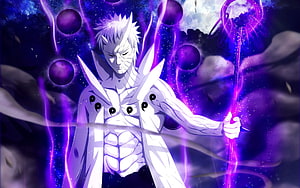 Naruto Anime Character in White Armor with Purple Chakra Energy and Floating Orbs HD wallpaper