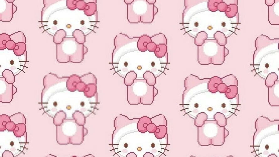 Cute Pixel Art Hello Kitty Pattern on Soft Pink Background HD wallpaper